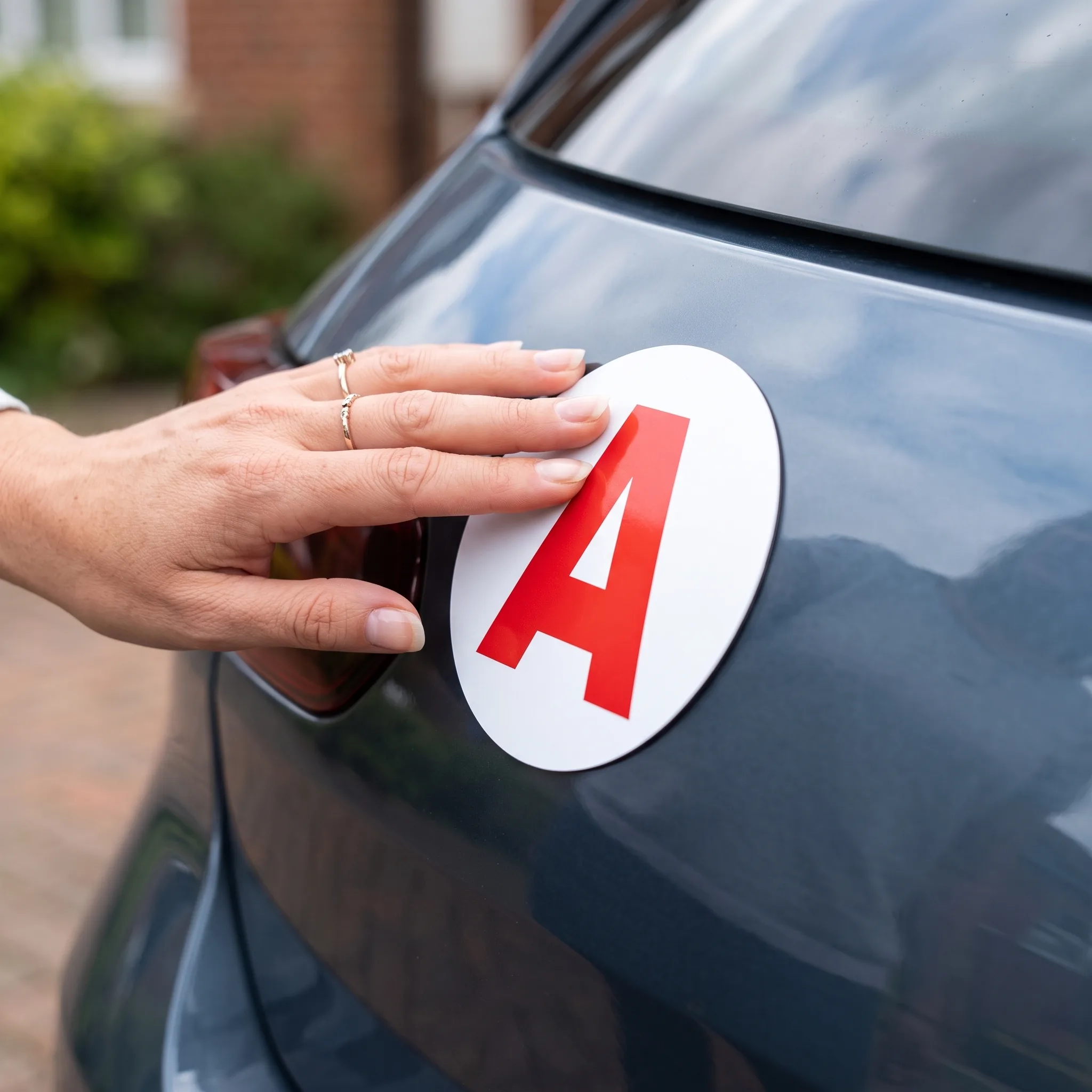 Main plaquant un disque A magnétique Habeygard® sur la carrosserie d'une voiture bleue