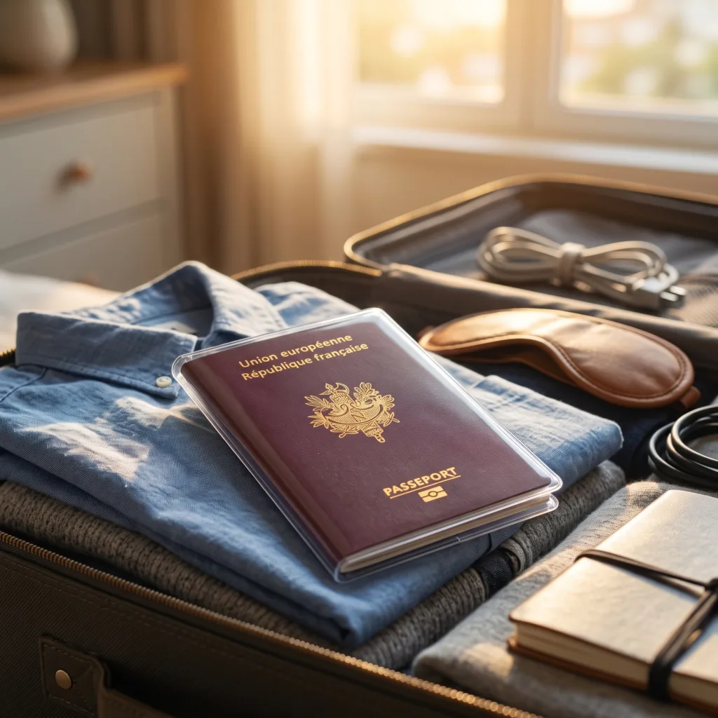 Protège passeport Habeygard® sur une valise ouverte avec vêtements et accessoires de voyage