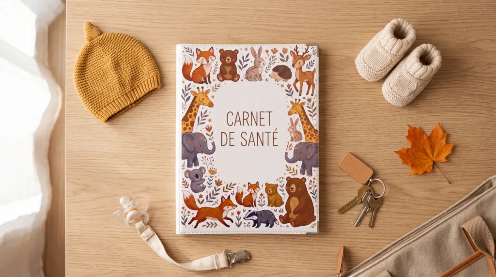 Carnet de santé motif safari préparé avec bonnet et chaussons avant un rendez-vous contre la bronchiolite du nourrisson