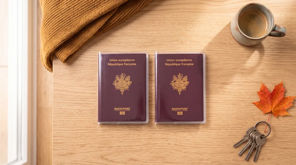Deux passeports en étuis transparents posés sur une table avant un départ en famille, délai passeport bien anticipé