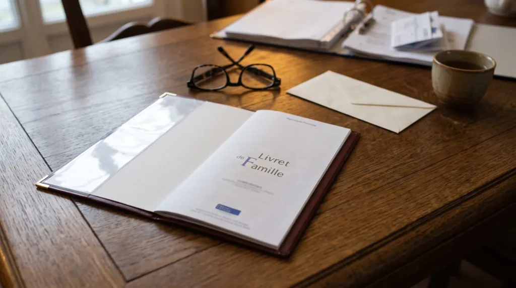 Protège livret de famille bordeaux ouvert sur une table, le carnet papier qui complète l'acte d'état civil en ligne
