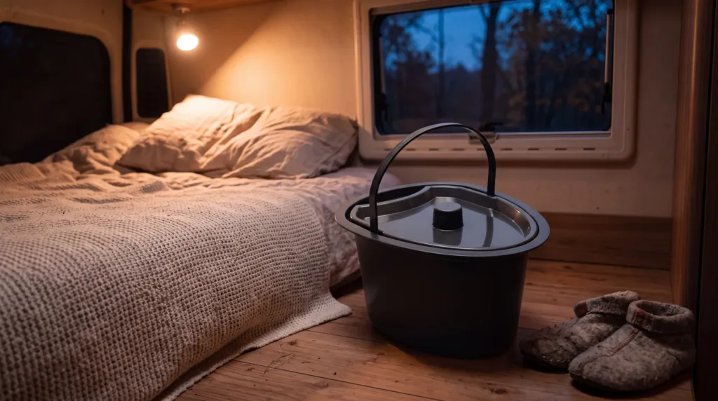 Pot de chambre avec couvercle posé au pied du lit d'un camping-car en automne, prêt pour la nuit