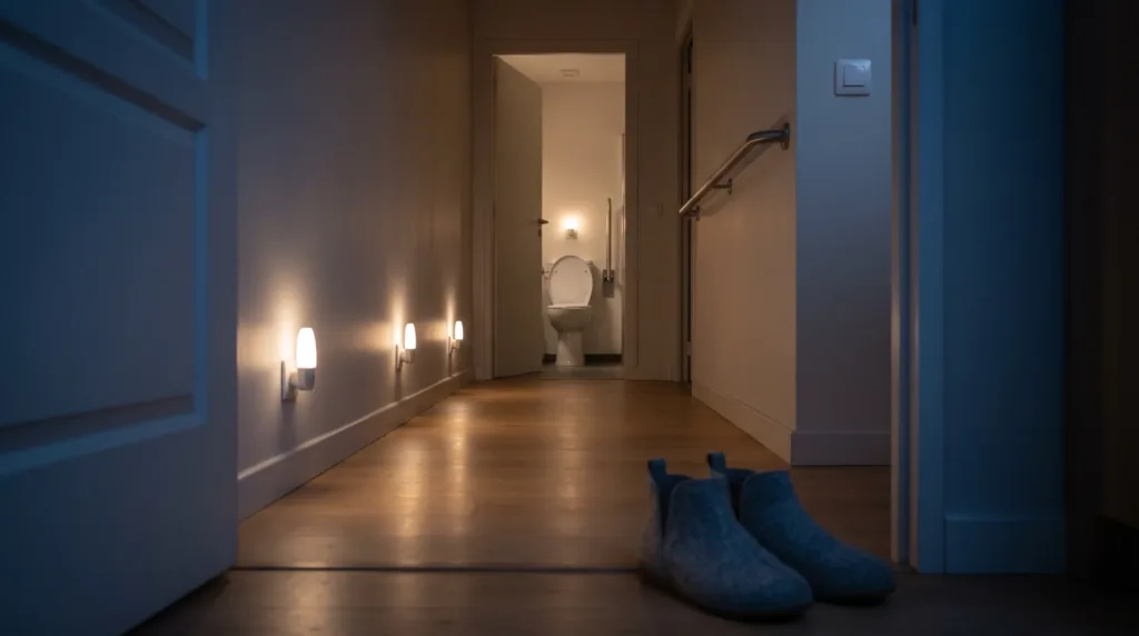 Couloir éclairé par des veilleuses à détecteur jusqu'aux toilettes, chemin dégagé pour limiter le risque de chute la nuit