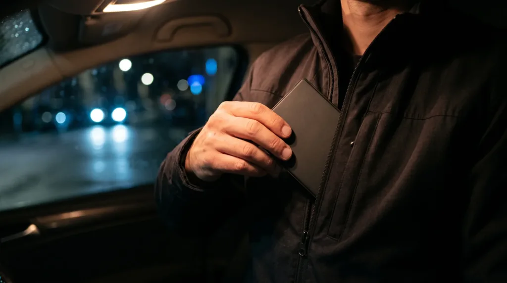 Conduite de nuit jeune conducteur : porte carte grise noir sorti de la veste sous le plafonnier avant un contrôle routier