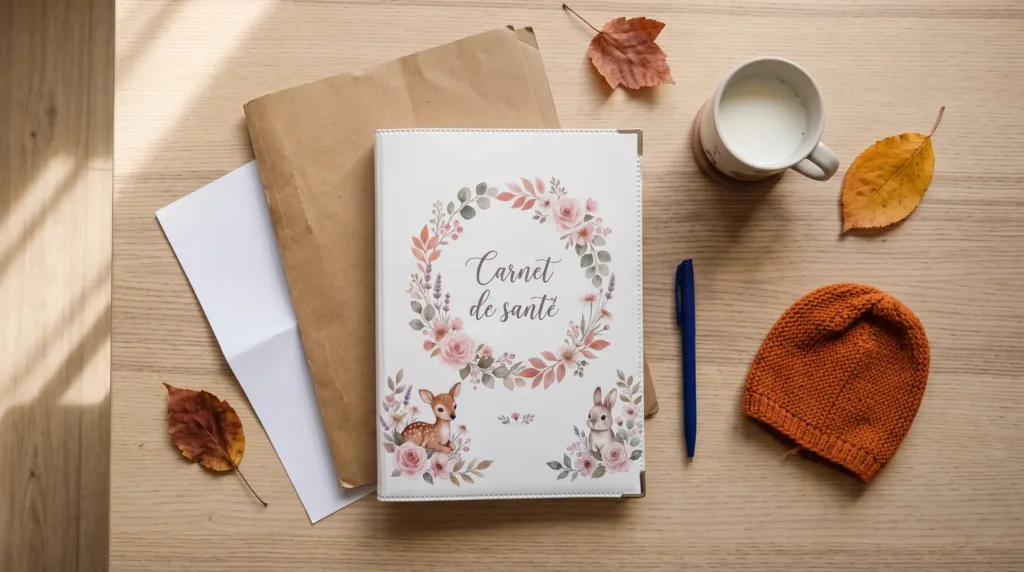 Protège carnet de santé motif fleurs sur une table de cuisine avec les papiers du rendez-vous pour le vaccin grippe enfant